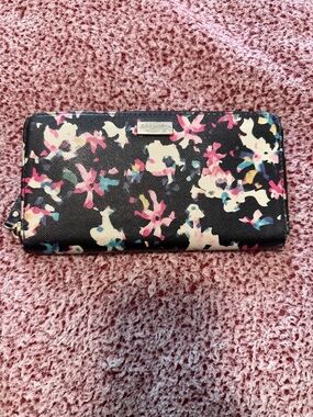 kate spade Black Floral Zip-Around Wallet with Pink, Cream & Blue Accents